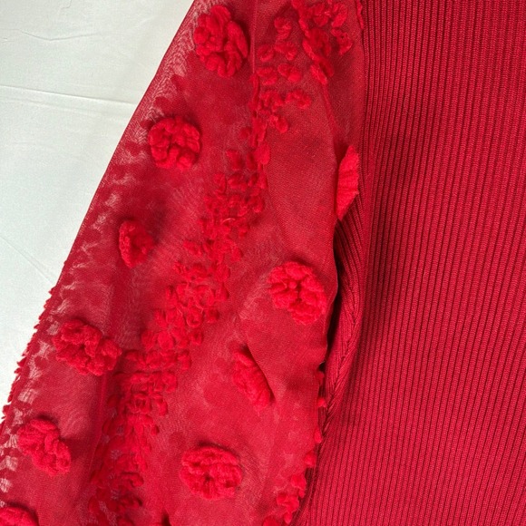 Almost Famous Red Ribbed Bodycon Puff Sleeve Sheer Floral Dress Size M - Picture 7 of 8